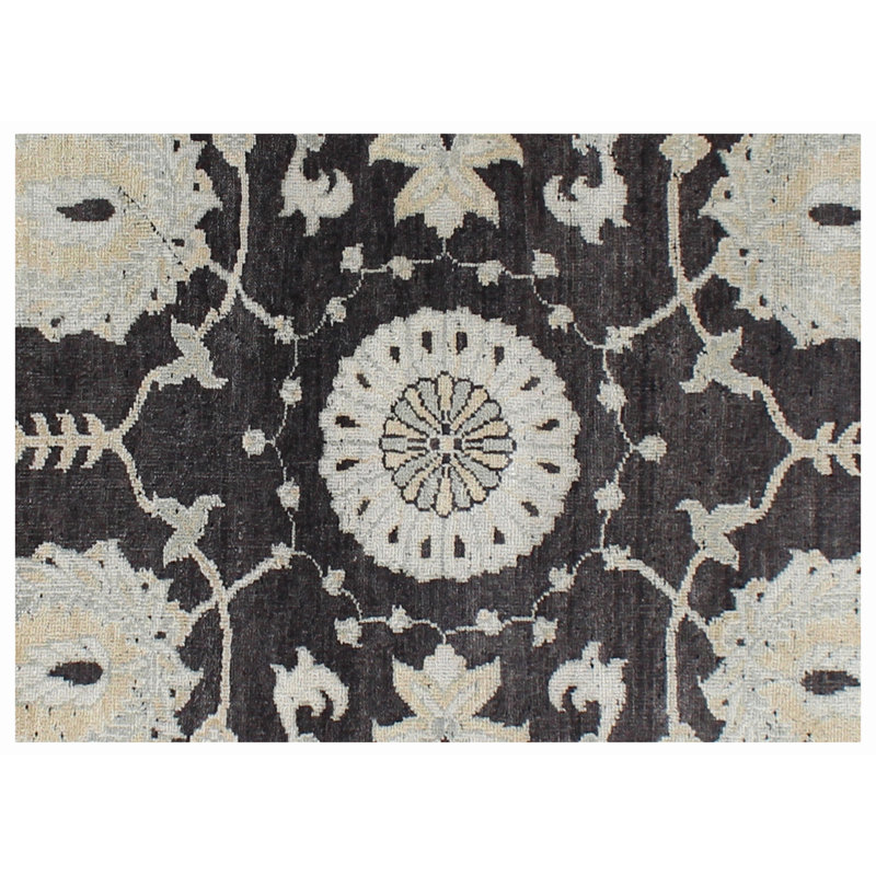 Hand-Knotted Charcoal & Ivory Oushak Wool Area Rug – Traditional Floral Medallion Design, Vintage Oriental Style Carpet for Living Room & Bedroom