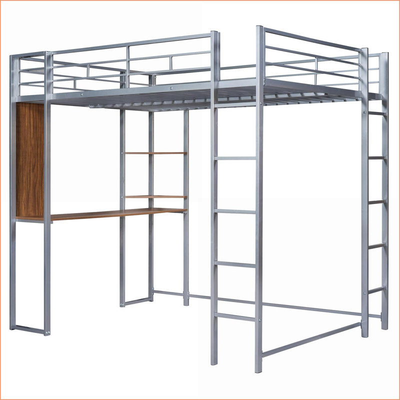 Lit mezzanine double en métal avec bureau 2 tablettes - Conception argent compacte pour les petites pièces, Argent argent