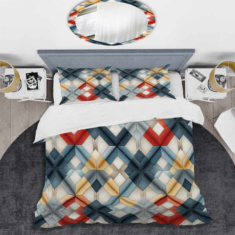 Natural Tones Grey And Beige Mosaic Geometric Shapes Duvet Cover, King Duvet Cover + 2 King Shams, Geometric Shapes 15