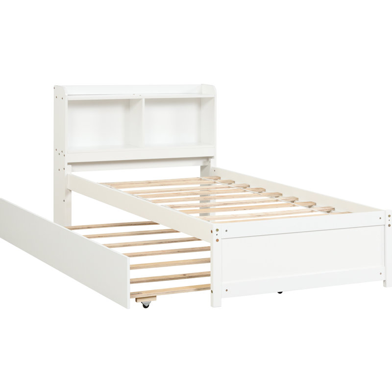 Lit simple avec bibliothèque et lit gigogne en blanc - Compartiments de rangement élégants pour la chambre à coucher, Blanc