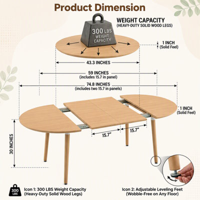 Table de salle à manger extensible 3-en-1, table de cuisine ronde de 43,3 po à 74,8 po ovale avec rails coulissants silencieux de haut calibre, table multi-fonctions robuste et peu encombrante pour 4 à 8 sièges. W2920P420922