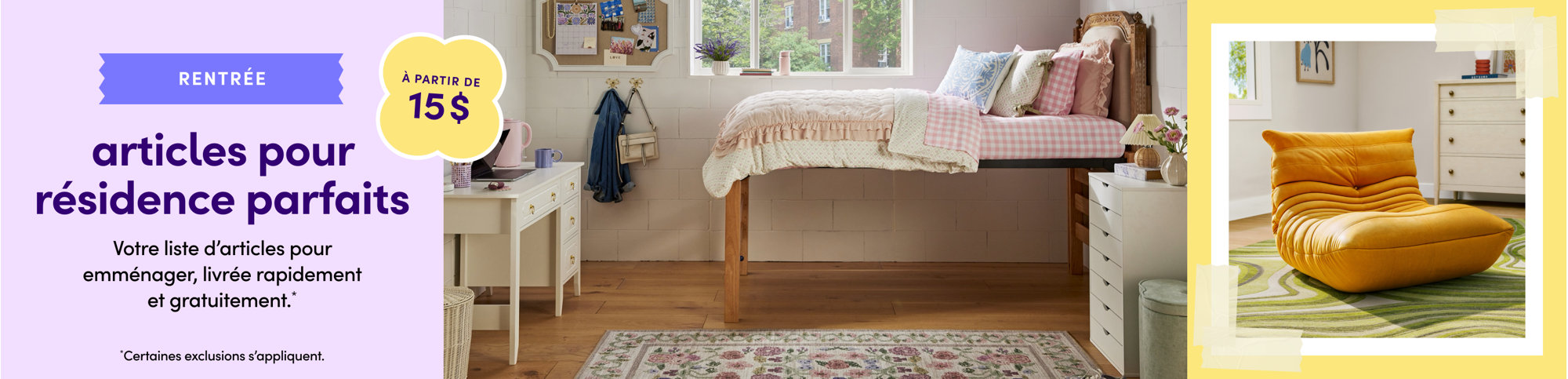 Back to campus dorm haul banner with picks from $15, featuring a pink checkered lofted bed and white study desk.