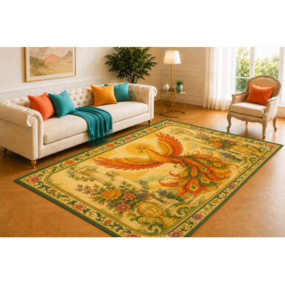 "Majeste" 5 pi x 7 pi Majestic Phoenix, tapis classique à poils courts et doux avec envers antidérapant en silicone pour le salon, la chambre à coucher, la salle à manger, le bureau, orange