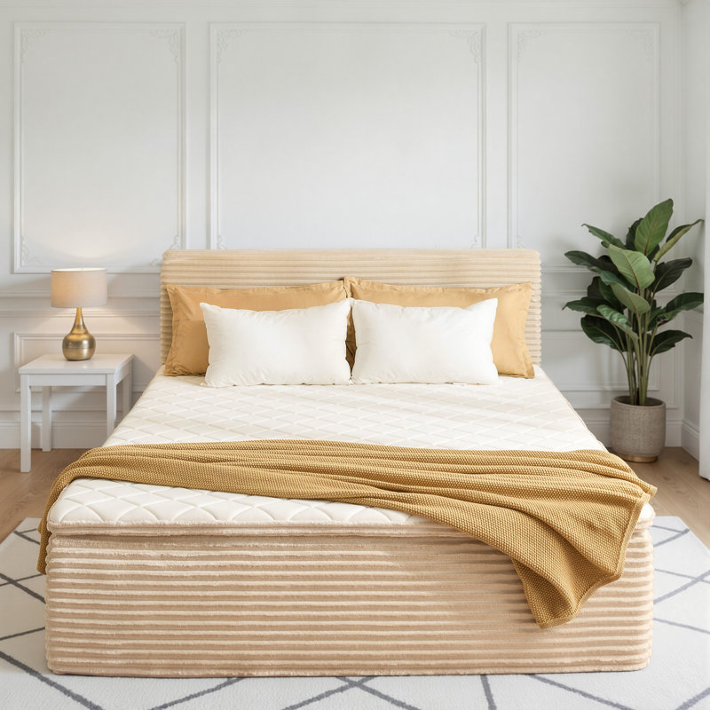 Compression Packed All-in-one Plush Upholstered Platform Bed With Built-in Foam Mattress, Queen, Beige, Queen