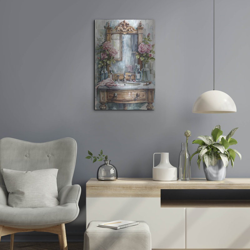 Art mural en métal Winston Porter «Wooden Sink With Mirror» par Momart, H 24 po x l 16 po