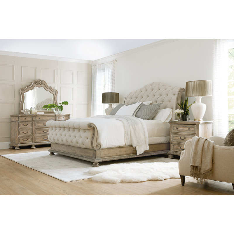 Beige and Brown King Upholstered Sleigh Bed with Tufted Headboard