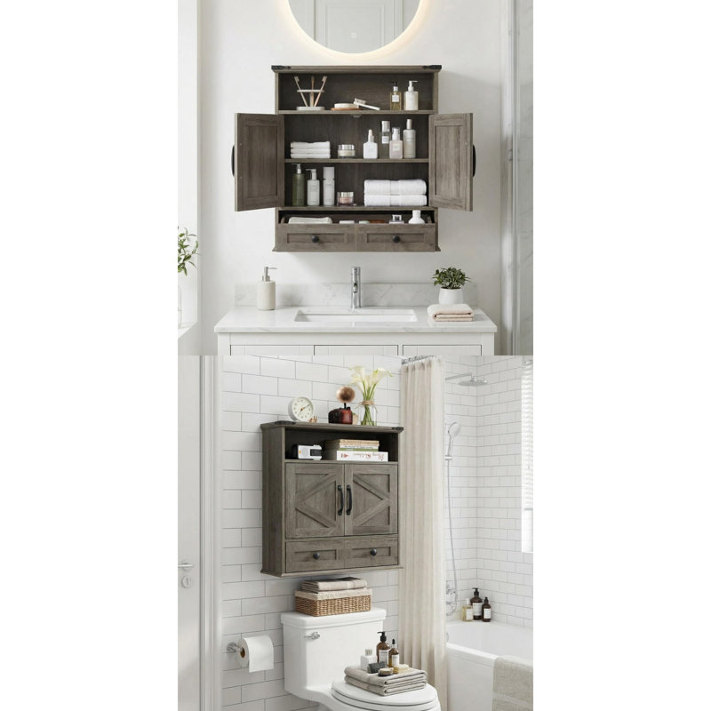 Armoire à pharmacie murale, portes de grange doubles, tablette et tiroir réglables, largeur 25 po, Grey
