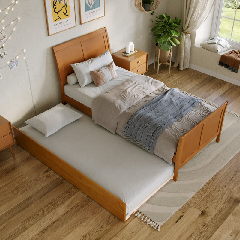 Lit plateforme en bois massif Fitzsimmons avec pied de lit et gigogne assortis, Simple TG, Caramel clair