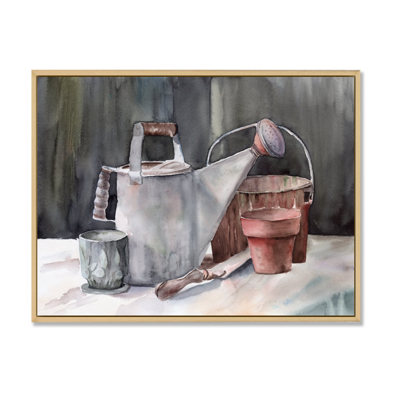 Nature morte représentant un arrosoir de jardin - reproduction sur toile, H 16 po x l 32 po, Toile avec cadre en érable