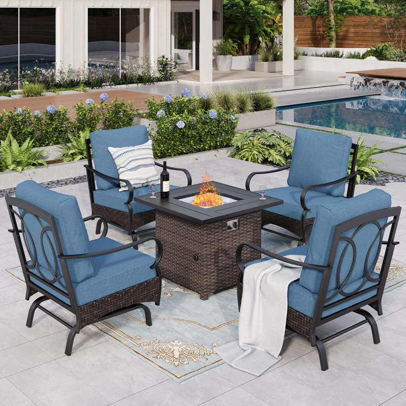 4-Person Rocking Sofa Chairs Seating Group with Fire Pit Table, Navy