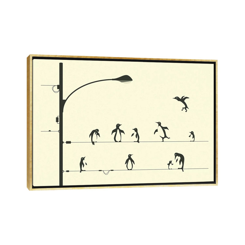 «Penguins on a Wire», art encadré, H 40 po x l 60 po x P 1,5 po, Toile encadrée d'or