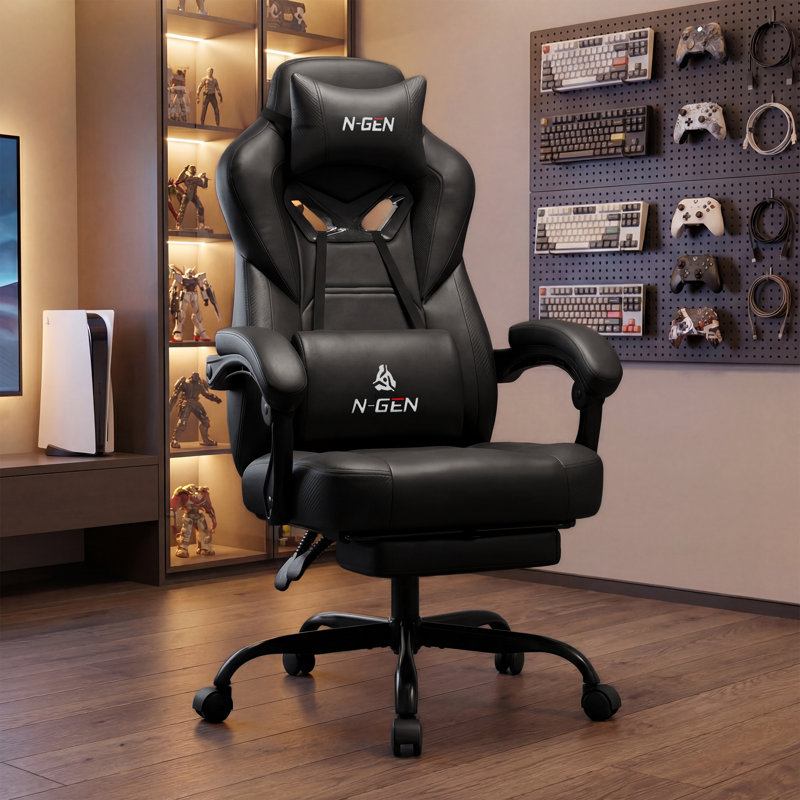 Fauteuil de jeu inclinable et ergonomique en cuir synthétique haut dossier avec repose-pieds 400 lb, Noir