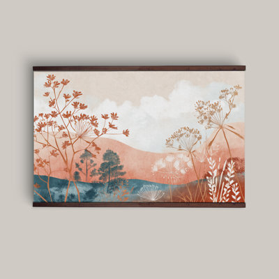 Tenture murale en terre cuite prairie tapisserie - paysage botanique moderne avec crochets en bois