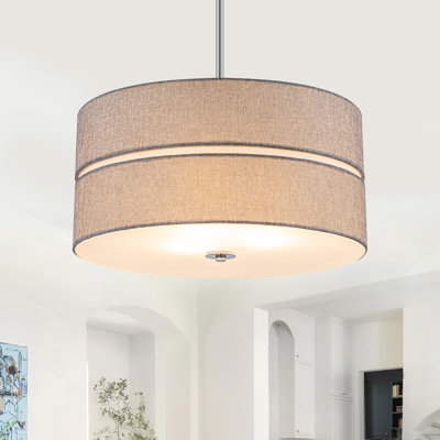 20" 3-Light Modern Drum Chandelier with Double-Layer Linen Fabric Shade, Adjustable Height Convertible Semi-Flush Mount Pendant Light for Dining Living Room, Polished Nickel Finish
