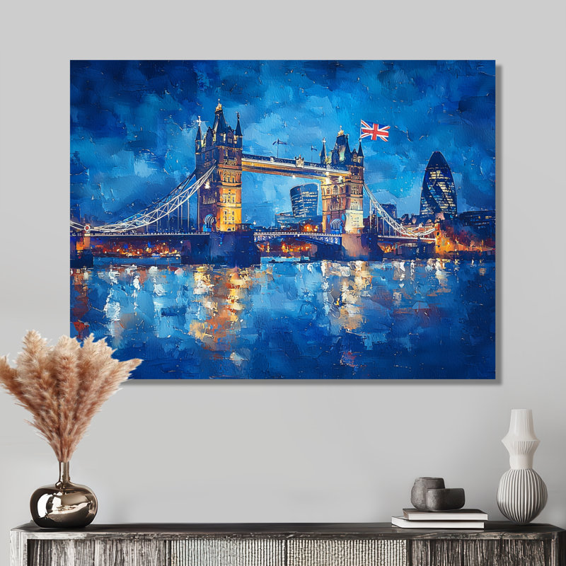 «Moonlight on Tower Bridge Lights In London I - England», art mural, H 30 po x l 40 po, Toile tendue, Ne s’applique pas