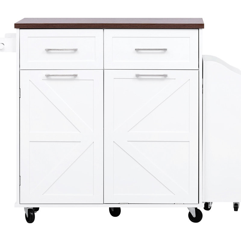 Îlot de cuisine, 47,2 po, avec abattant, 2 tiroirs, et tablette latérale amovible de style, organisateur à 3 casseroles, armoire-poubelle dissimulée blanche à 2 roulettes pour îlot de 47,2 po avec rangement à 9 roulettes