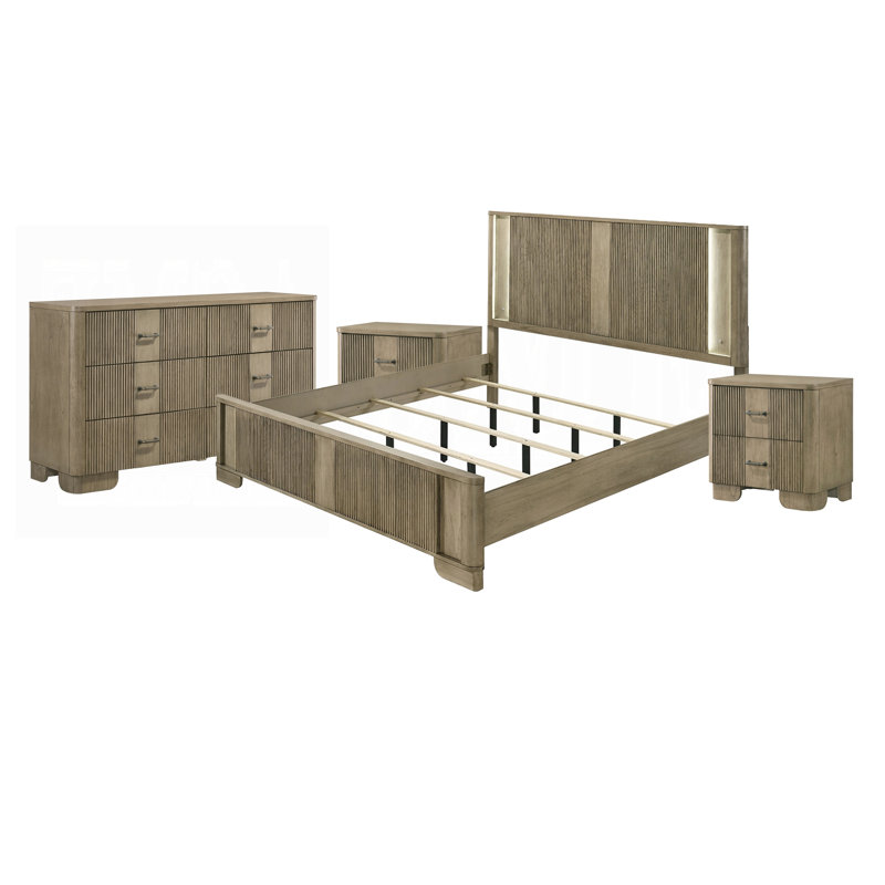 Ensemble de chambre à coucher grand lit, éclairage DEL, chêne brun, 4 pièces avec 2 NS, commode, Grand lit
