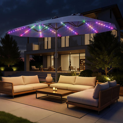 180'' x 108'' Rectangular Lighted Market Umbrella with Base,Double Sided Patio Umbrellas with Base - 15ft RGB Multi-Color Flowing LED Lights Outdoor Extra Large Market Table Umbrella w/Stand, Oversized Umbrella for Deck, Pool, Backyard