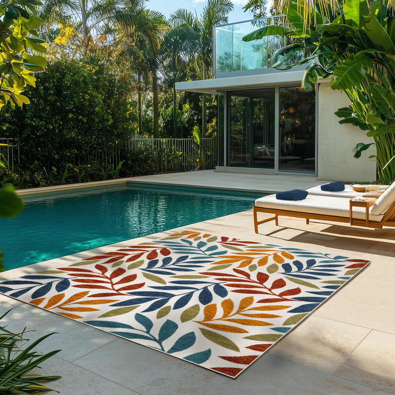 Tapis intérieur / extérieur multicolore à motif de feuilles en polypropylène tissé à plat et à motif à tissage plat