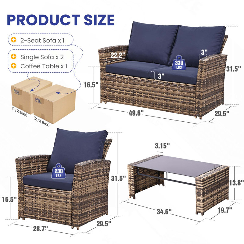 Ensemble de conversation de patio en osier 4 pièces 4 pièces avec coussins et table en verre pour jardin, Blue
