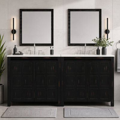 Ensemble de meuble-lavabo de salle de bain avec lavabos doubles (séparés), lavabos doubles en céramique, portes à fermeture en douceur et tablette réglable - armoire de rangement rétro