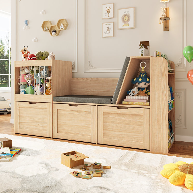 66.9''W Kid Bookshelf With Reading Nook, Toys Storage Organizer With Stuffed Animal Storage, Bench And Removable Cushions, Wooden Toddler Bookcases With 3 Movable Drawers For Playroom, Bedroom(Oak)