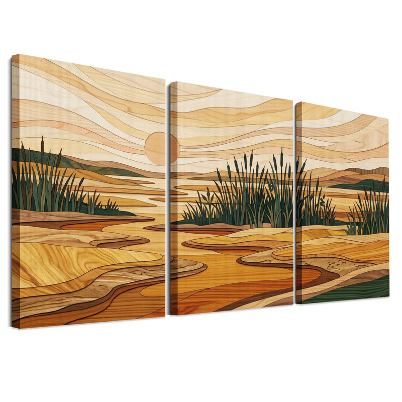 Ensemble de 3 toiles murales en marqueterie de bois représentant une rivière et des quenouilles, 36"H x 24"W x 3pcs