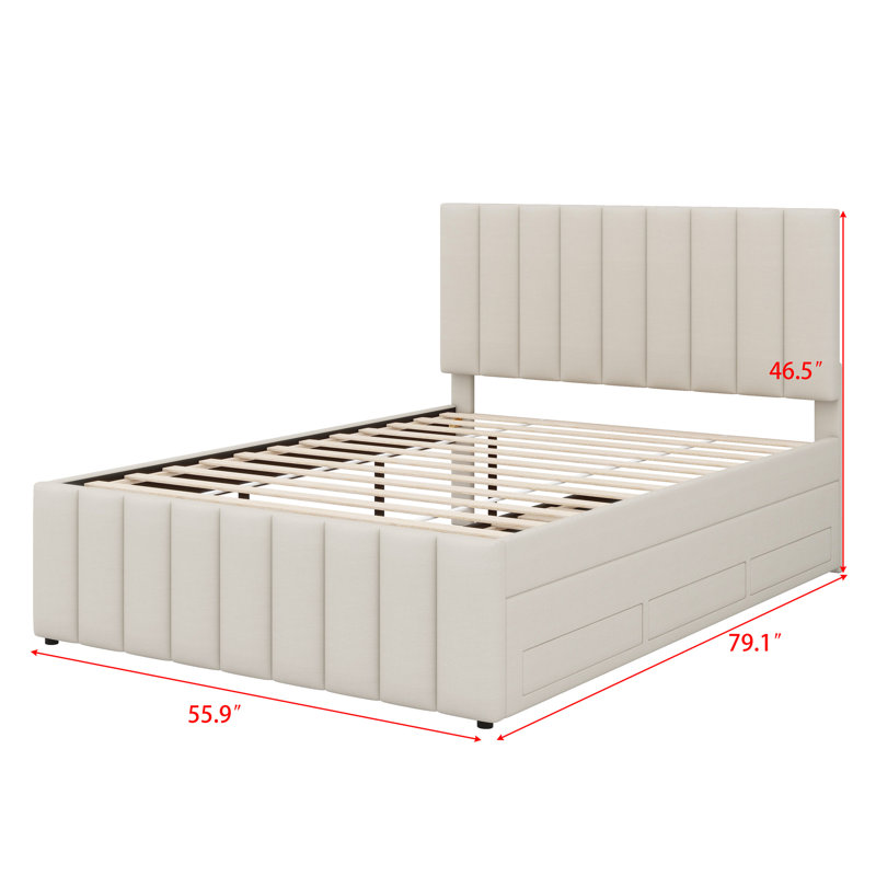Lit plateforme tapissier avec lit gigogne et 3 tiroirs, Beige