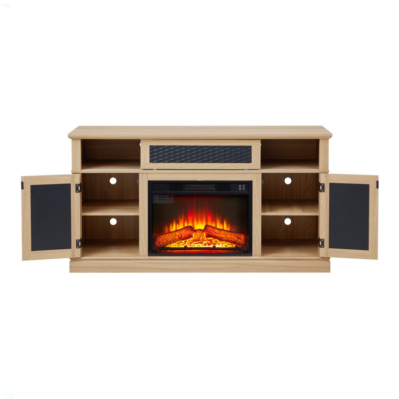 Embossed Pattern TV Stand With 23" Fireplace Insert,, TV And Media Console With Open And Closed Storage Space And Sliding Door For Living Room & Bedroom