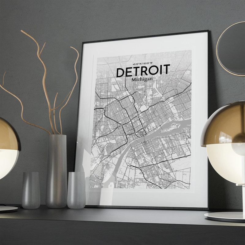 « détroit city map », reproduction d’impression sur affiche en tons, H 27,6 po x l 19,7 po