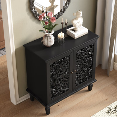 Commode d'appoint rétro sculptée, buffet de rangement à 2 portes avec motif floral symétrique, tablette réglable et pieds en bois massif pour le vestibule du salon