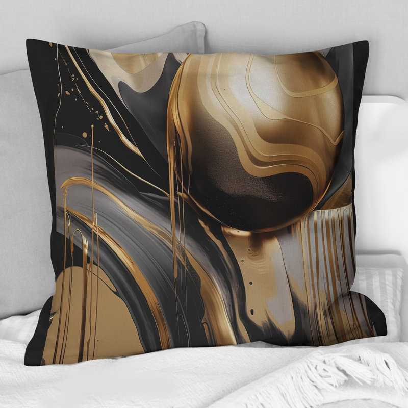 Marbre captivant doré et noir IV - Coussin abstrait en marbre, H 18 po x l 18 po, Carré