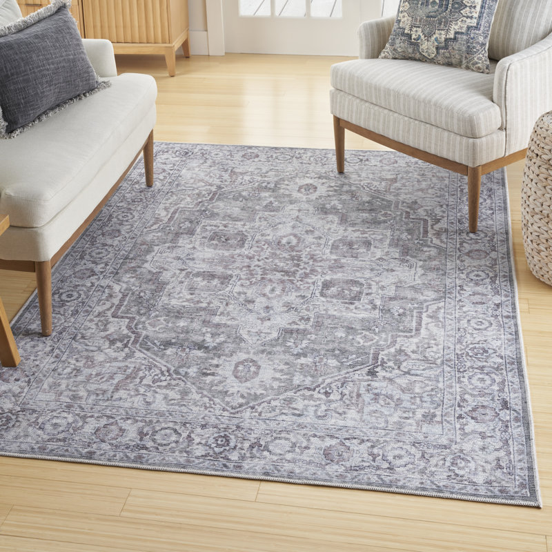 Tapis oriental gris / ivoire en polyester / coton lavable à la machine, Rectangle 7 pi 10 po x 9 pi 10 po