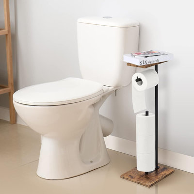 Freestanding Toilet Paper Holder Stand With Shelf – Rustic Brown Bathroom Organizer For Mega Rolls, Wipes, And Mobile Phone Storage