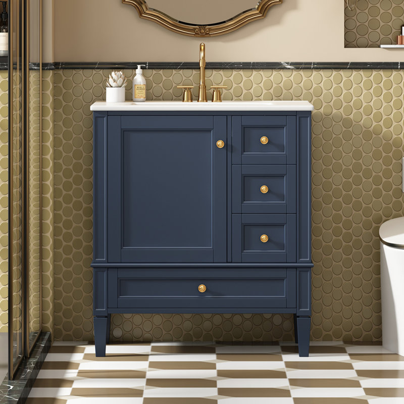 Meuble-lavabo 30 po avec lavabo en céramique, meuble-lavabo à 3 tiroirs, Bleu