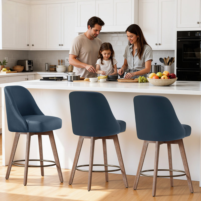 Kishmat Swivel 26'' Upholstered Counter Stool with Solid Wood Frame, Blue