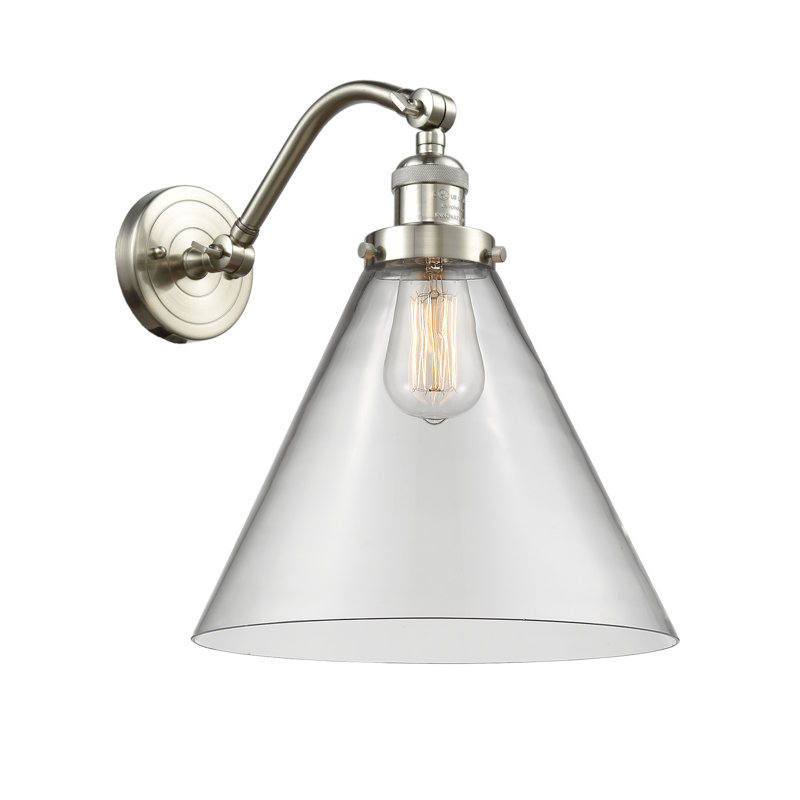 Applique murale 1 lumière Cone, Ampoule incandescente rétro 60 watts, Clair, Nickel satiné brossé