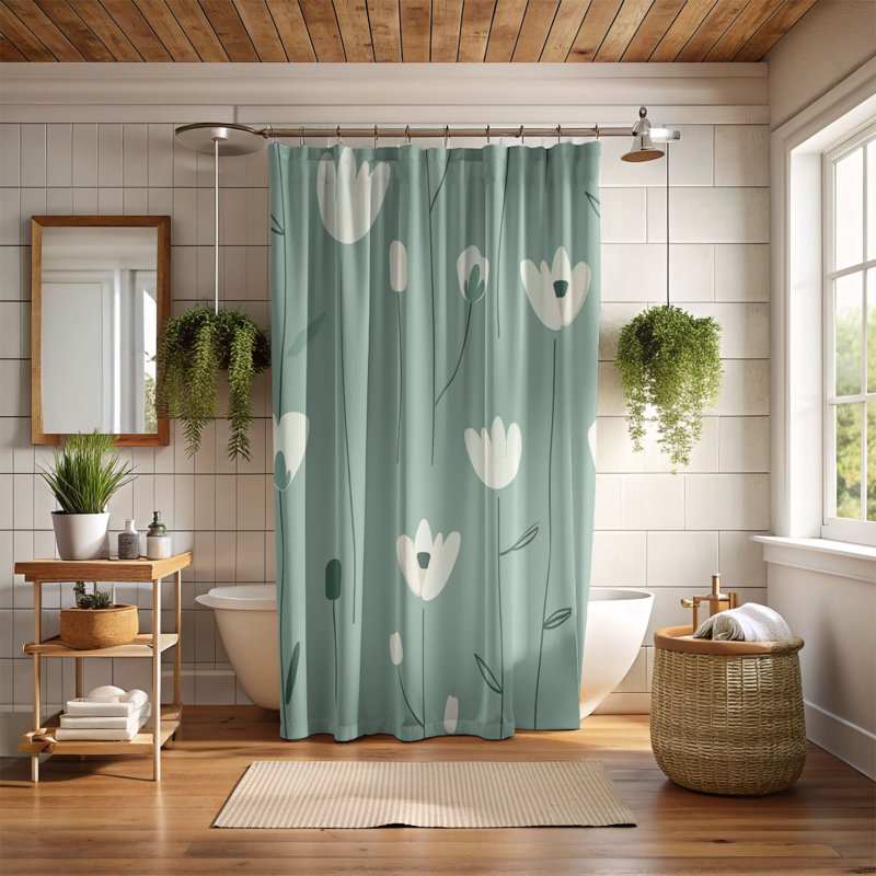 Rideau de douche 1 pièce Soft Mint Blossoms, H 74 po x l 71 po