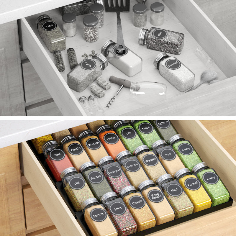 Black 4-Tier Wooden Spice Drawer Organizer with Glass Jars