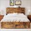 Base de lit plateforme en bois de taille QUEEN avec rangement, ports USB et station de charge, aucun matelas requis, brun foncé-2129448300