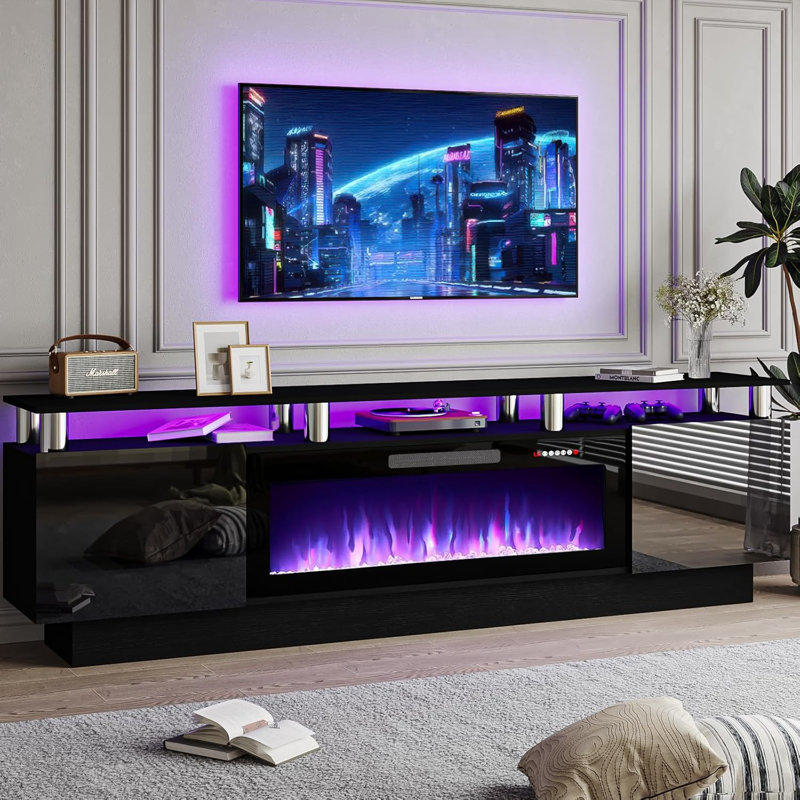 Alazik 70" W TV Stand with Electric Fireplace, Black/Silver