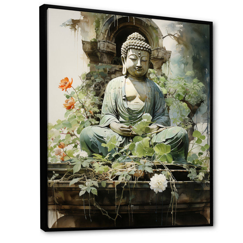 Art bouddhiste vert, art bouddhas sur toile, L 34 po x H 44 po, Cadre flottant noir
