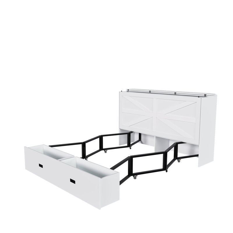 Lit escamotable de 57 pouces, avec tiroirs de rangement et armoire de chargement, avec panneaux pliables, avec roues pivotantes, silencieux