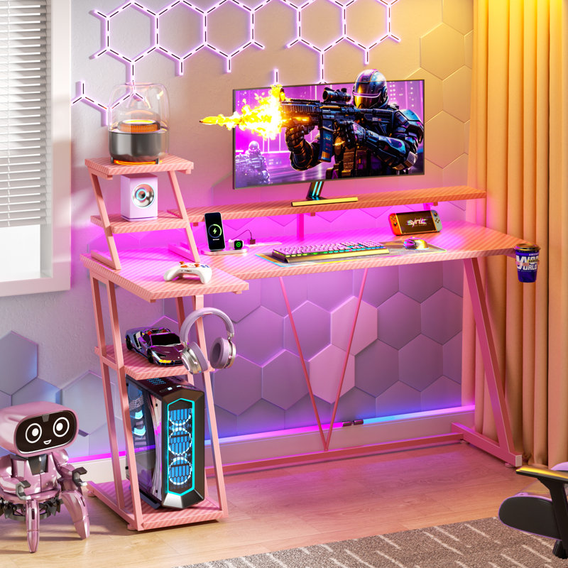 Gaming Desk With Monitor Stand & Cpu Stand,Computer Desk With Power Outlet & RGB LED Lights,Home Office Desk With Cup Holder & Headphone Hook