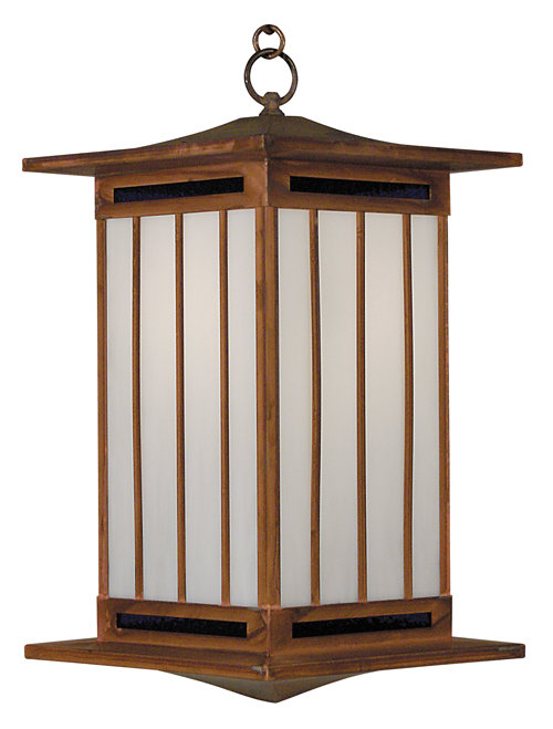 Himeji Outdoor Hanging Lantern, 15.5" H x 7" W, Verdigris Patina, Almond Mica