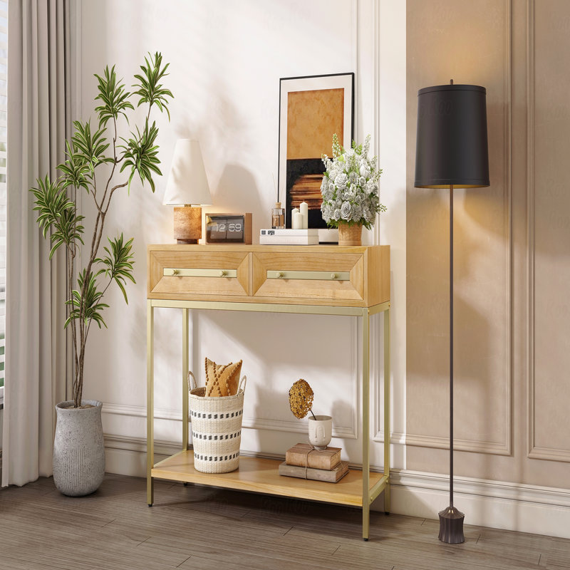 Retro Entryway Console Table With Two Drawers - Striking Geometric Design Hallway, Brown