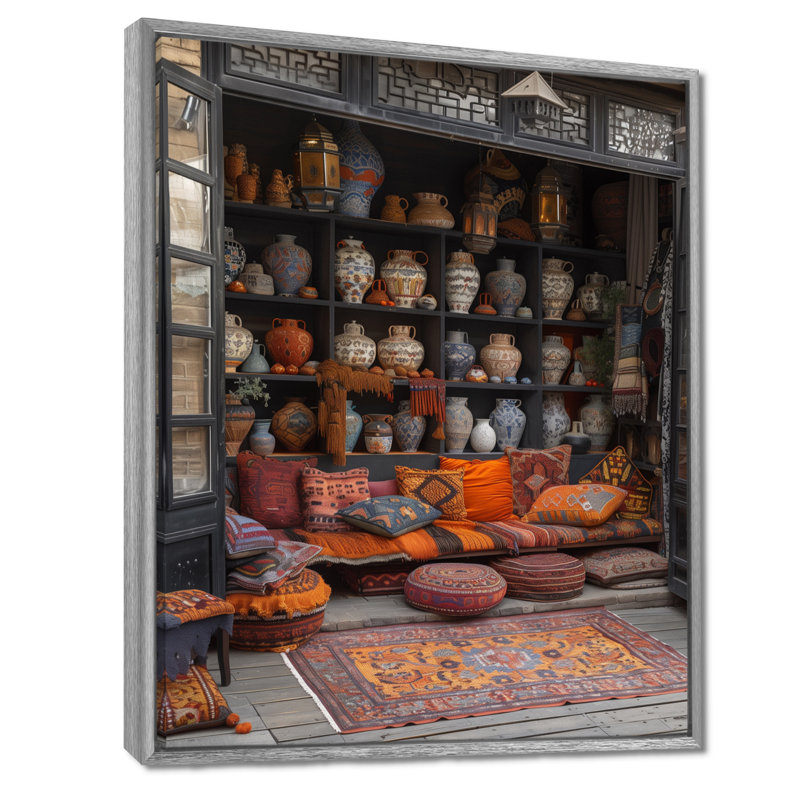 Art bohémien bazar orange et gris - Art mural, Encadrement argenté, H 16 po x l 32 po