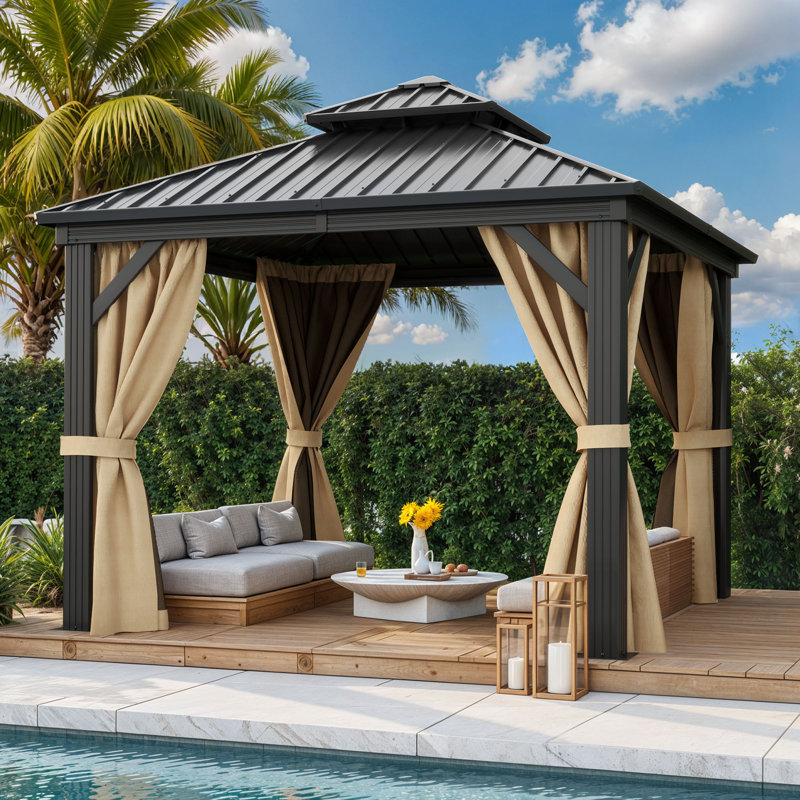 Balconera 10Ft. W X 10Ft. D Aluminum Patio Gazebo With Double Roof, Satin Black/Brown