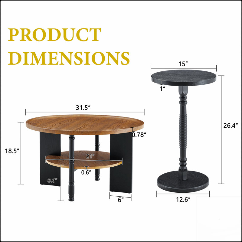 Ensemble de 2 tables basses et tables d'appoint rondes avec rangement, formage sous vide en PVC, idéal pour un décor moderne et rustique, facile à assembler