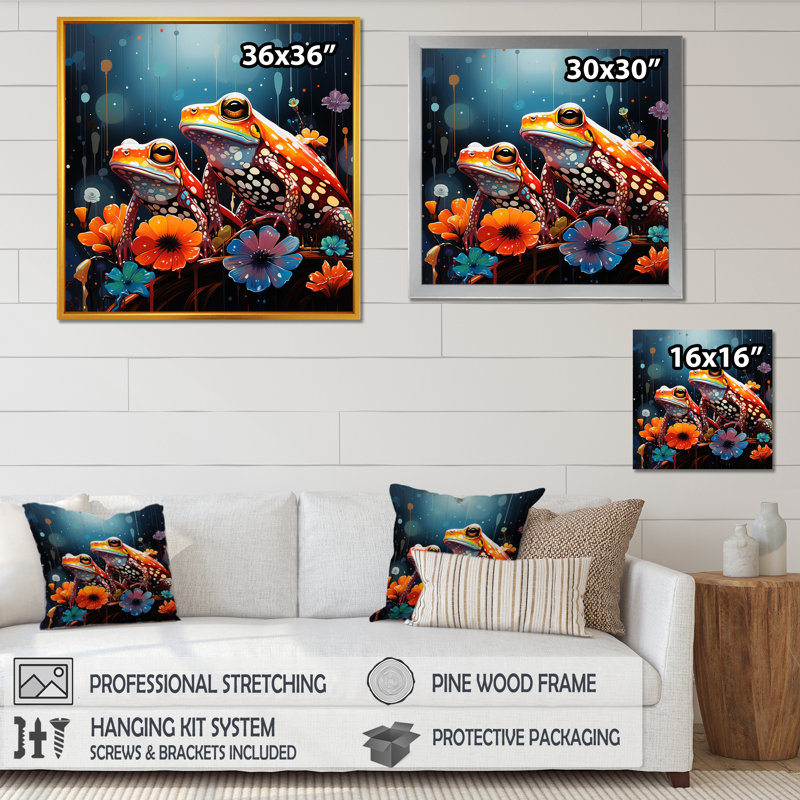 «Couple Toads At The Night», reproduction sur toile, H 16 po x l 16 po x P 1 po, Cadre simple blanc
